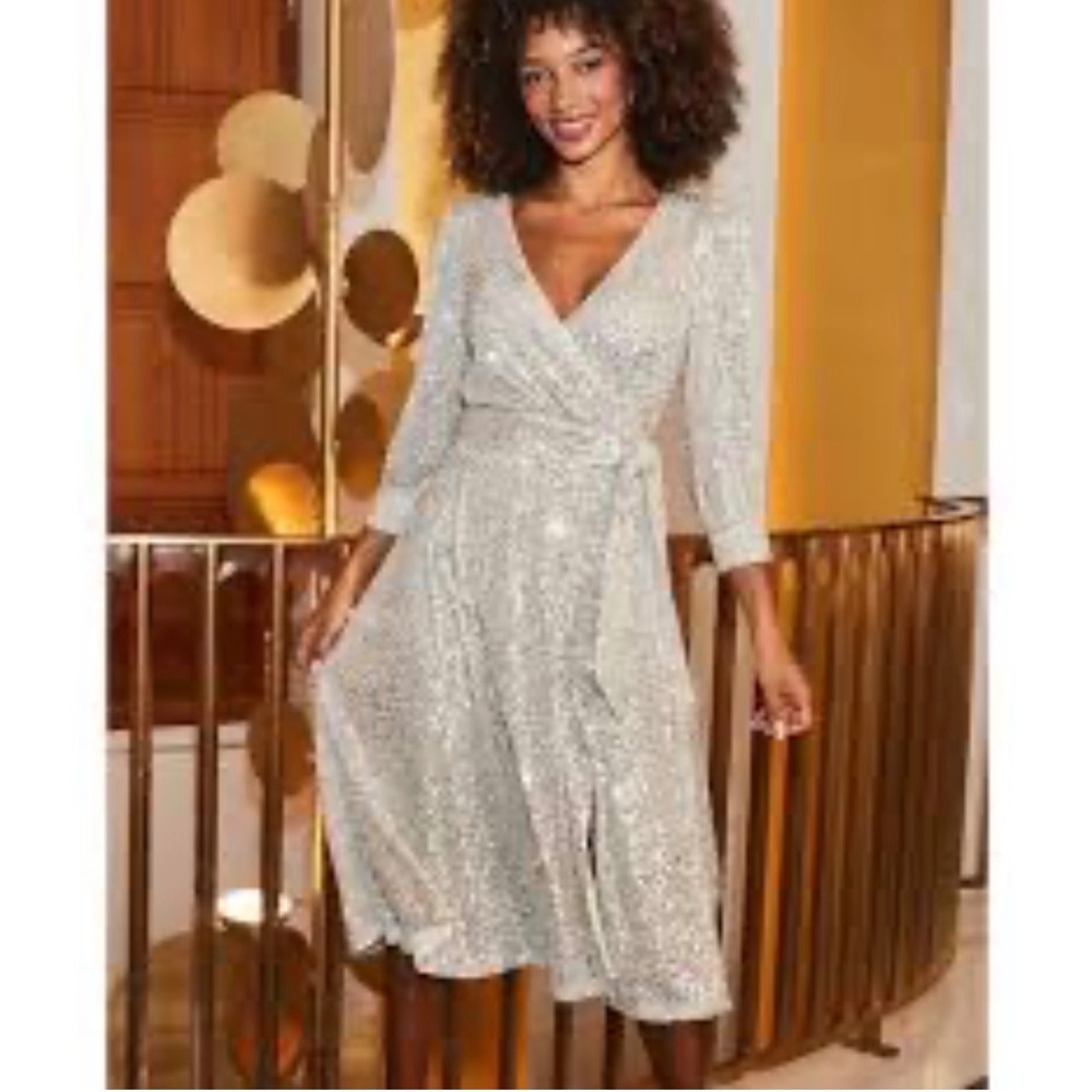 M20 Dress The Population Sequin Long Sleeve V Neck Midi Dress Sz S Tie Belt